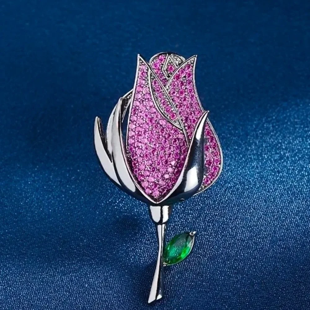 Elegant Rose Flower Brooch Pin Rhinestone‎ Crystal Gem Leaf Silver Women Jewelry